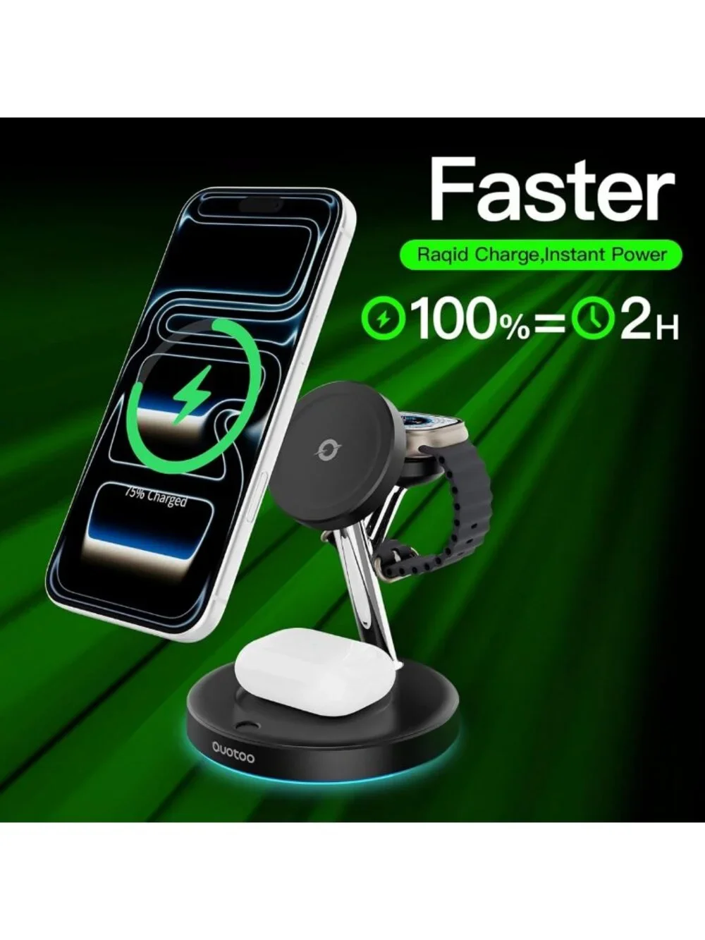 3-in-1 Wireless Charger Station with Adjustable Blue Ambient Light, Fast